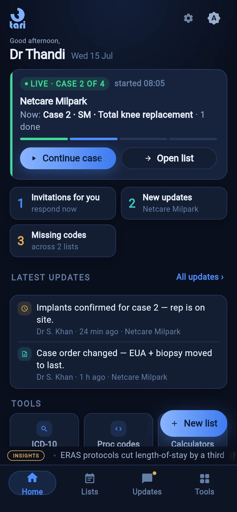Tari Home tab — today's theatre list live, attention cards and quick tools