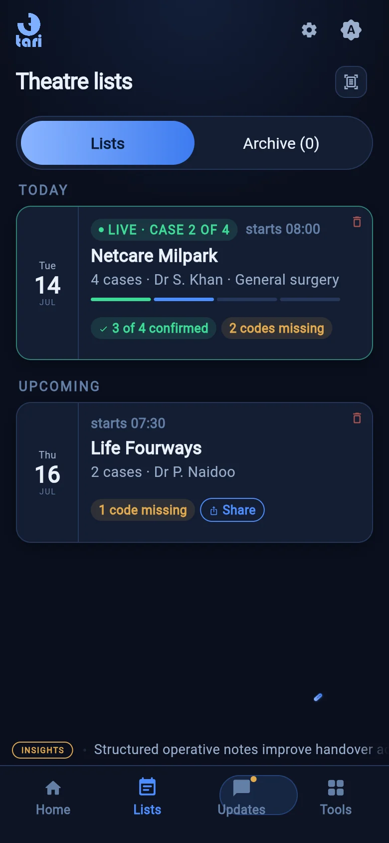 Tari theatre lists — today's list with case progress and shared team