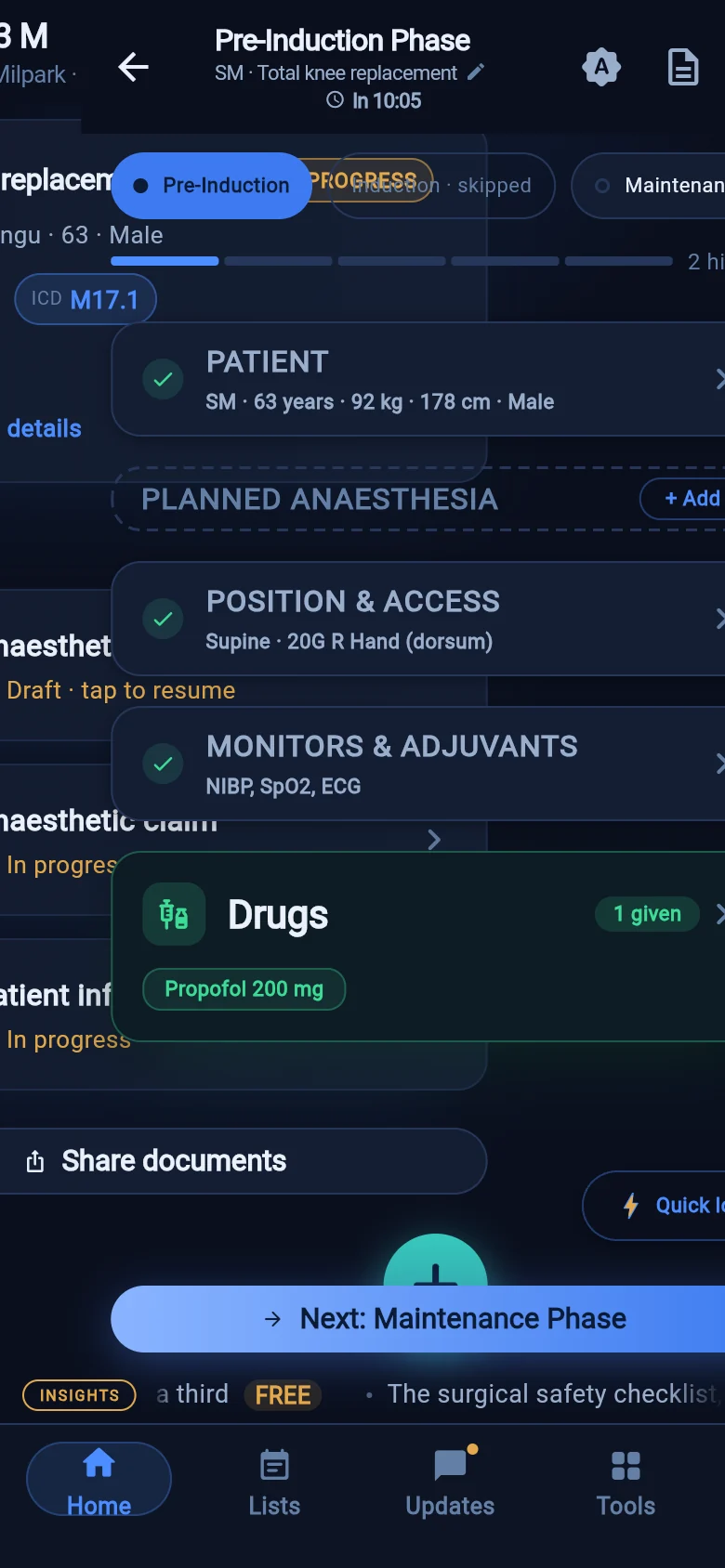 Tari anaesthetic record — seven-stage guided flow with progress strip